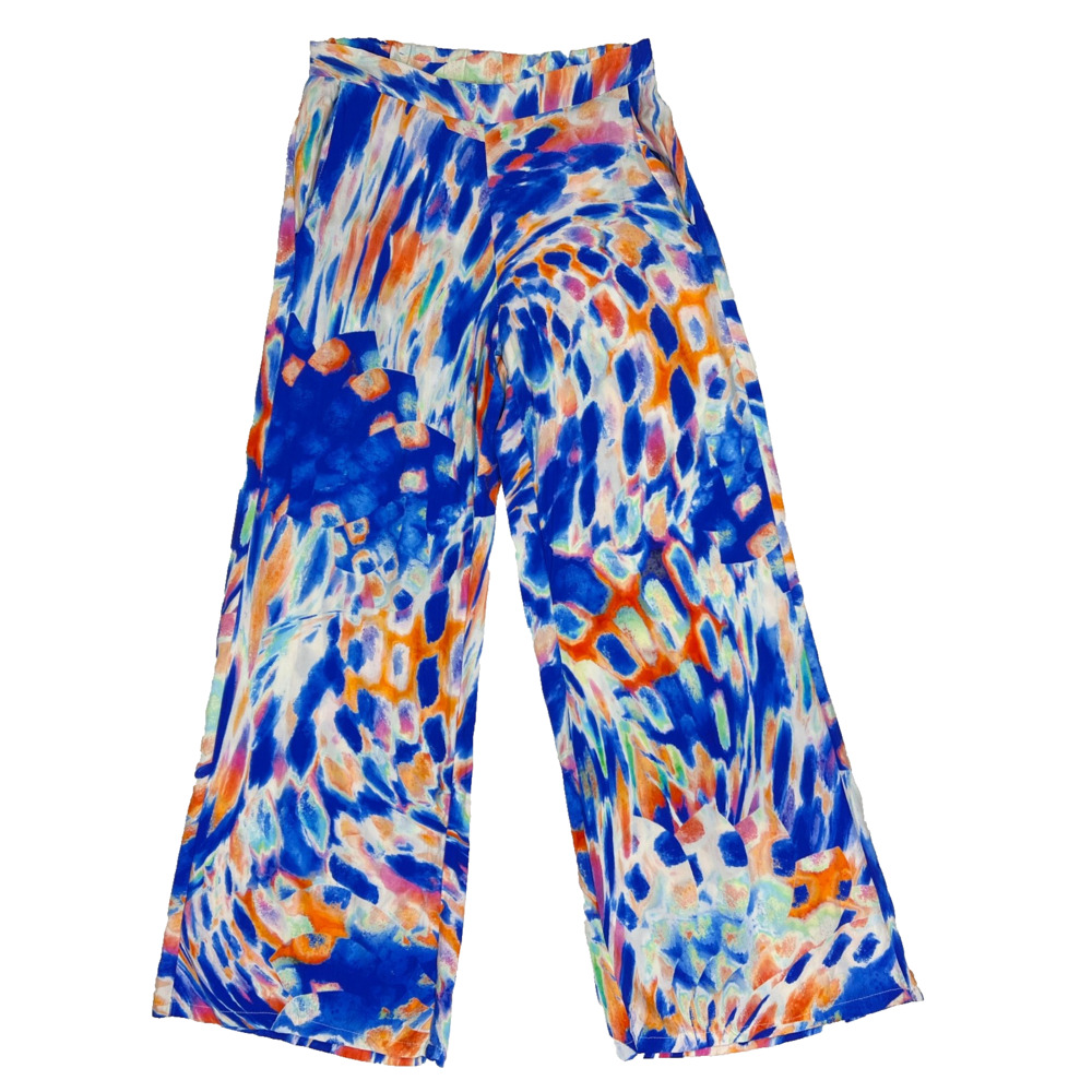 Privilege Wide Leg Pants Blue Orange Abstract Print Flowy High Rise Resort Sz XS